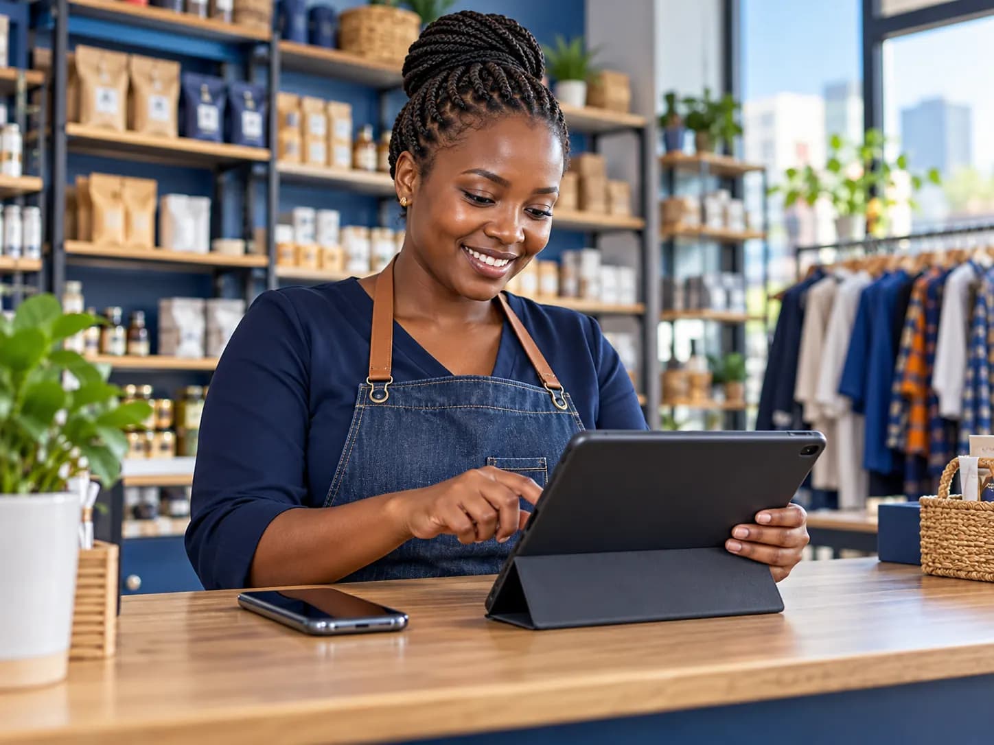 Illustrative retail owner using a tablet with a phone at the counter