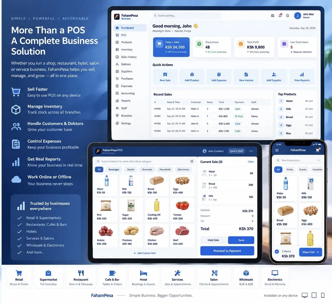 FahamPesa business dashboard and point of sale on desktop, tablet, and mobile